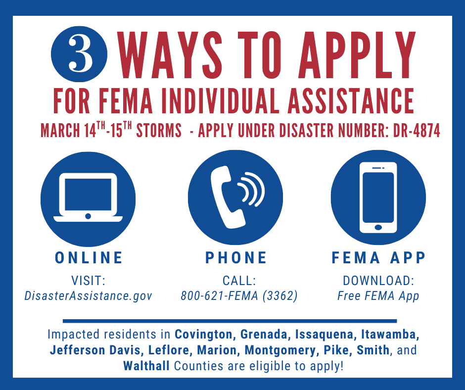 Residents in the approved counties who sustained losses during the March 14-15 severe weather can now apply for assistance by registering online at www.DisasterAssistance.gov or by calling 1-800-621-FEMA (3362) or 1-800-462-7585 (TTY) for the hearing and speech impaired or by using the FEMA App.